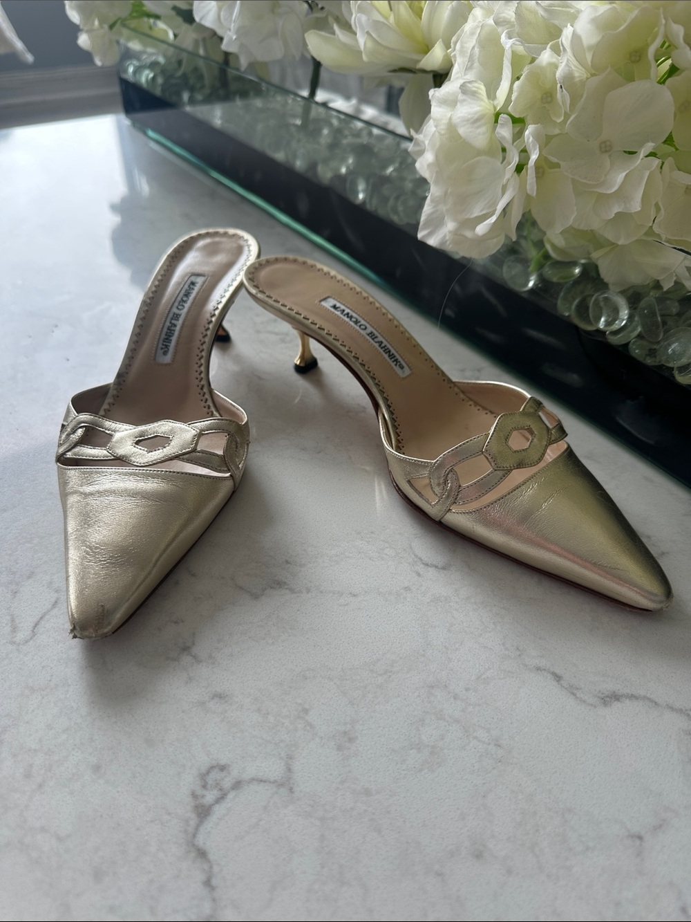 Manolo Blahnik Metallic Gold Pointed-Toe Kitten Heel Mules